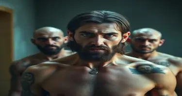 disgusted looking Jesus in a prison with shirtless tattooed men with shaved heads behind him