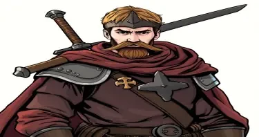 A warhammer fantasty Knight of Ostermark. Young and dressed in clothing similar to that of the Holy Roman Empire. He is carrying a long Flamberge sword over his shoulder. Drawn in comic style. He should have a goatee and long moustache..