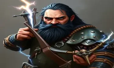 A fifth-edition dungeons and dragons character who is a middle-aged dwarf ranger. He has a wide build, black hair, gray eyes, weilds a magical bow that creates lightning arrows, and wears a mithril breastplate.