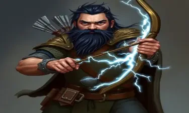 A fifth-edition dungeons and dragons character who is a middle-aged dwarf ranger. He has a wide build, black hair, gray eyes, weilds a magical bow that creates lightning, and wears a mithril breastplate.