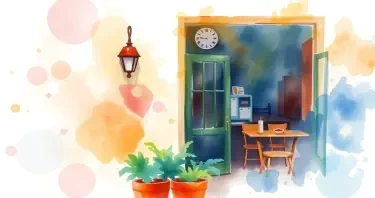 watercolor painting, outside of a coffeeshop, bright, abstract background, few details, dreamy