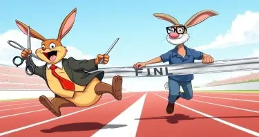 Illustration of the story of the Tortoise and the Hare approaching the finish line. The Hare is wearing a rumple business suit, holding a pair of scissors, and is captured in mid-fall with a fearful expression, far from the finish line. The Tortoise is confidently crossing the finish line, wearing glasses, a thin beard, and a casual polo shirt, looking determined and calm. The background shows a racetrack finish line under a clear sky. The style is vibrant, detailed, and expressive, blending realism with a touch of whimsy.