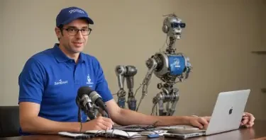 Dr Andrew Huberman sitting a table with a microphone and laptop in front of him. Sitting across the table from him is a robot that is wearing a blue polo shirt, glasses, and a baseball cap with "What IT is" written on it.