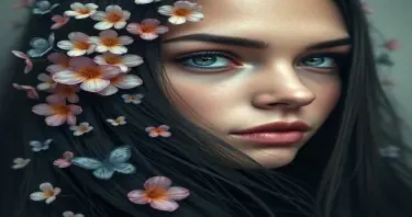 Beautiful long hair woman with flowers that look like butterflies in hair and beautiful eye. Shade has a mysterious look that draws you into her eyes.