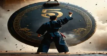 A karate master holding up the number "5" while standing next to a giant, ornate gong