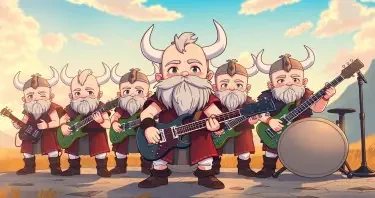 A metal band of baby vikings, looking cute and innocent playing guitars, bass and drums. The lead singer has a long grey beard but no hair on his head.