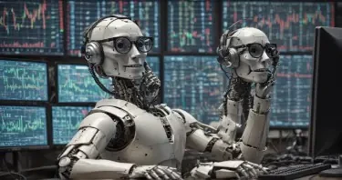 A robot wearing glasses and a telephone headset sitting at a stock trading desk that has multiple monitors showing multiple graphs and an old fashioned stock ticker machine on the side.