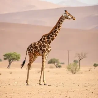 Giraffe walking in the desert with small trees in background and daylight