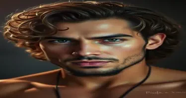 Sexy man with curly long hair and short beard. He is in his twenties. he has thick lips. He is toned but not overly muscular. Aggressive look. Arabic features.