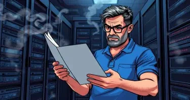 A man is frantically paging through a manual filled with blank pages while standing in front of a huge rack of computers in a data center with smoke coming out of the racks. The man has black hair and a thin beard, both of which are turning grey. He has tan skin. He is wearing glasses and a blue polo shirt with a pocket.