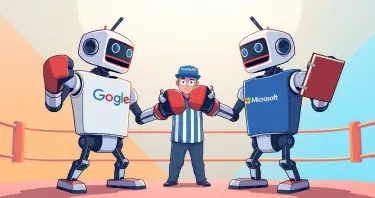 Illustrate a dynamic scene of Rockem Sockem robots in a boxing ring. One robot wears a Google t-shirt, the other wears a Microsoft t-shirt. Both robots wield notebook binders as weapons instead of using their fists. A third robot, acting as the referee, wears a Perplexity-branded hat. The setting is vibrant and playful, emphasizing a friendly competition between the two tech giants, with clear branding on the robots and the referee. The style should be engaging and suitable for a professional blog post about AI productivity tools.