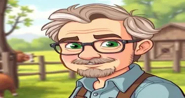 a cartoon drawn young looking grandfather with brown and gray hair and green eyes at age 58 on a farm. This is for a children's book so make him cute, and likeable for the reader to look at.  I don't want him to have any facial hair, but glasses are fine to wear.