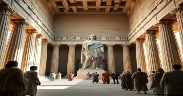 a photorealistic picture of inside the Temple of Athena looking at her massive statue in ancient Greece during the time when Aristotle lived with people in period clothing