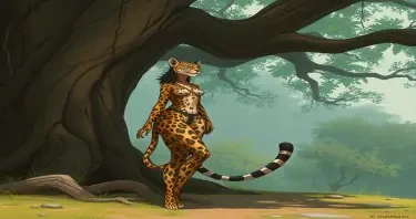 A humanoid lithe leopard woman standing by a huge tree looking relaxed, athletic and composed
