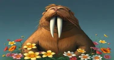 paul mcCartney as a walrus, facing forward with flowers surrounding him, caracature style art