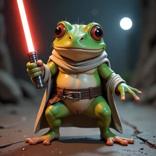 a jedi frog holding a light saber