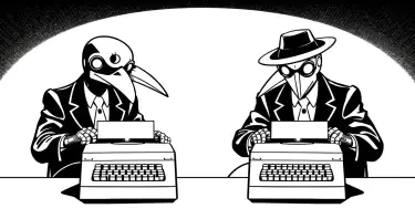 Imagine a scene from Mad Magazine's Spy vs Spy where the black and white spies are shown in split view, both working on typewriters. Replace the crow faces of the spies with robot faces.