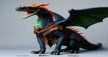 Bipedal dragon wearing leather hunting tunic.  The dragon has black, blue and green scales.    The dragon has orange horns on her head.   The dragon is wearing a stone necklace.  The dragons wings have clear webbing