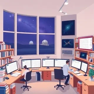 A detailed modern flat vector illustration in clean editorial illustration style showing a full scene inside a contemporary astronomical research workspace where star catalogs and sky databases are actively explored. The environment is a spacious interior with visible walls, floor, desks, shelves filled with astronomy books, and large computer monitors displaying tables of celestial data, sky maps, and catalog entries for stars, galaxies, nebulae, comets, and exoplanets. The room is softly lit, with a window revealing a nighttime sky and a distant observatory dome, symbolizing the link between observations and data.  Researchers sit or stand at their desks, comparing datasets, scrolling through structured tables with columns and fields, and examining high‑resolution sky images. One large screen shows a stylized “cosmic phonebook” metaphor: rows of star entries with coordinates, brightness values, and spectral types. Another screen displays a sky survey image with highlighted objects, illustrating how catalogs connect raw observations to discoveries. Include subtle visual storytelling such as magnifying‑glass icons on screens, layered data windows, and a step‑by‑step workflow diagram pinned to a wall, hinting at the process of navigating catalogs and avoiding common pitfalls.  The environment should feel organized, analytical, and immersive: wooden or neutral flooring, softly colored walls, ergonomic chairs, scattered notes, coffee mugs, and warm ambient lighting from monitors. The scene must clearly communicate how astronomical catalogs and databases function as essential tools for both amateur and professional sky investigators.  Style: modern flat vector illustration, smooth shapes, soft gradients, slight depth, clean editorial design. Color palette: deep blues, muted purples, soft teals, warm neutrals, and gentle screen‑glow accents.  CRITICAL: full scene composition with a complete environment. The background must be part of the scene with clearly visible environment elements such as walls and floor or natural surroundings. The image must be fully filled edge‑to‑edge. Absolutely no white background anywhere in the image. No blank or empty areas. No isolated objects. No floating composition. No transparent background. The background is not a studio backdrop, it is a real environment.