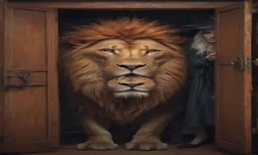 a lion and a witch look through a wardrobe