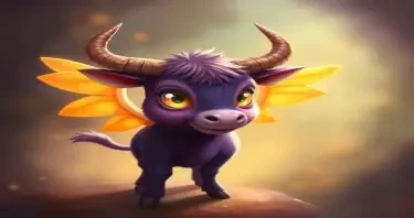 Two tiny wings, eyes big and yellow.  Horns of a steer but a loveable fellow.   From head to tail, he's royal purple pigment; and there Viola, you've got a figment.