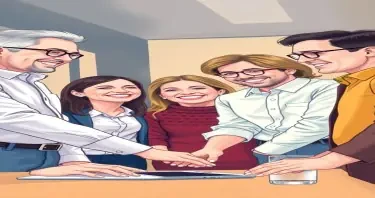 A drawing of a multigenerational group of adult professionals collaborating at a business