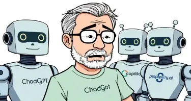 A man with slightly gray hair, a short beard, and glasses is scolding a group of robots. Each robot has a t-shirt with one of the following logos: ChatGPT, Copilot, or Perplexity.ai