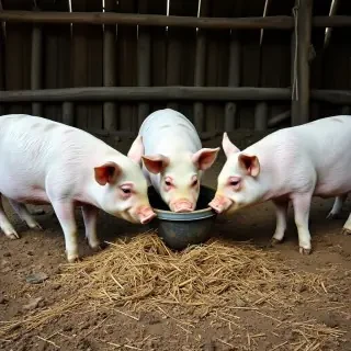 A realistic picture of a barn yard with three pigs eating around a trough