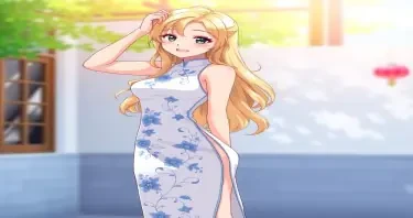 cheerful young woman with long, wavy blonde hair, standing outdoors in a sunny setting. She is wearing a form-fitting, sleeveless white cheongsam dress with blue floral embroidery and high slits on both sides, revealing her hips and legs. She poses confidently with one hand on her hip and the other raised to her head,