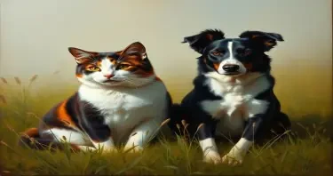 A Rembrandt-style oil painting of a chubby tricolor female cat and a slender female Border Collie with the right side of her face black. They are sitting peacefully in a meadow under soft natural light, with rich shadows, warm golden tones, and classical composition. The scene feels calm and timeless, like a vintage painting from the Dutch golden age.