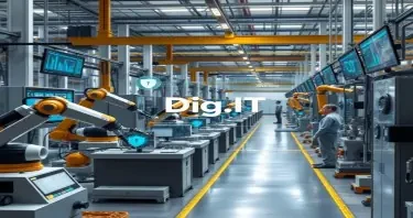 A realistic modern industrial factory undergoing digital transformation. Robotic arms operate alongside human workers. High-tech control panels and screens display data analytics and machine learning visualizations. Digital data streams flow between industrial machines, representing automated document and file exchange. Subtle elements of cybersecurity, like shield icons or digital locks, appear near control systems. The environment is clean, advanced, and efficient. Prominently visible in the scene is the word "Dig.IT" displayed on a digital screen or projected holographically. No other text in the image. Photorealistic style.