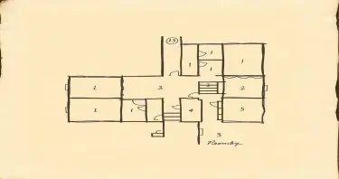 A simple floorplan map with rooms and halls drawn on a scratch parchment paper and labeled with numbers in handwritten script. Some rooms should be round and some containing stairs.
