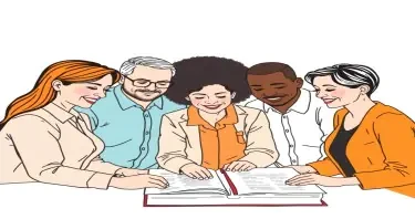 A drawing of a multigenerational and multiracial group of adult professionals collaborating at a business for a book cover