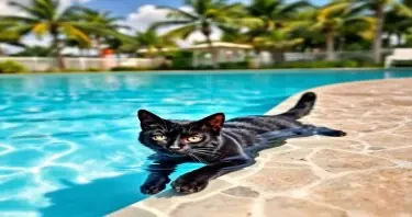 A realistic black cat swimming in a swimming pool in Florida with palm trees in the background.