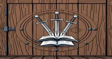 A lage sealed wooden door locked with a large sigil featuring three upside down swords over an open book. Upon the hilt of each sword is a dial containing the three words: Loyalty, Duty, Honor. Each in a different order. The art style should be comic style.