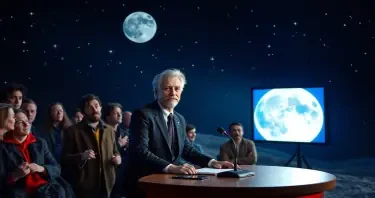jon stewart doing his late night show on the moon surrounded by a bunch of famous people