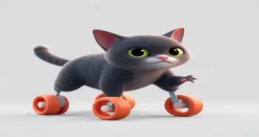 A cat with wheels for legs. Animated 3d art style