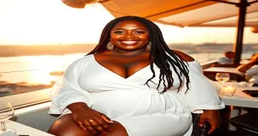 A joyful SSBBW black woman with a radiant smile, wearing a flowing white outfit with gold earrings, dining at a sunlit rooftop restaurant in Istanbul. She has braided hair, dark skin, huge breasts, a rounded belly, soft arms, thick thighs, and a confident, relaxed pose. The Bosphorus sparkles in the distance, and the city skyline glows in the warm evening light.