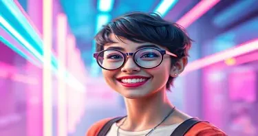 ((Fine art painting:1.5)), (((watercolor texture:1.8))), (cartoonish lines:1.7), ((color:2.0)), ((cinematic lighting:2.0)), ((expressive:1.5)), ((concept art:1:7)) ((depth of field:2.0)), ((atmospheric perspective:1.5)) A vibrant portrait featuring a young woman smiling brightly amidst a backdrop of colorful neon lights. She has short, stylish hair and wears large, round glasses that emphasize her expressive eyes. The setting exudes an energetic and futuristic vibe, enhanced by glowing lines in shades of pink, blue, and purple that create a dreamy atmosphere. The subject is positioned slightly off-center to draw the eye to her joyful expression and confident pose, which is relaxed yet engaging. The lighting is soft yet vivid, accentuating her facial features and skin tone, while adding depth to the composition. The blurred neon lights in the background create a sense of motion and excitement, enhancing the overall mood of youthfulness and positivity. The image captures a perfect blend of modern style and artistic flair, reminiscent of contemporary urban photography. Detailed attention is paid to contrasts, with warm skin tones glowing against the coolness of the neon colors, making for a striking visual narrative that invites viewers to immerse themselves in this lively scene.