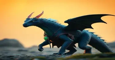 Bipedal Dragon.   Black scales, with patches of green and blue.   two orange horns on the head.   Wearing a leather hunting tunic.   Has a necklace with a stone that glows green.