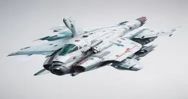 one, MIG 21 style, Robotch, Soviet, Sci-Fi, Space jet fighter, on a white background