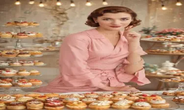 1950s style woman looking at the viewer sitting in front of a table covered with fancy pastries and cakes