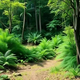 Please create a prehistoric landscape with all the wild ferns and trees.  do not include any dinosaurs in the realistic and life-like photo.