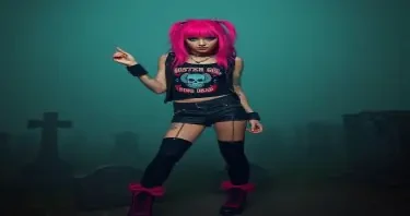 Create a photorealistic image of a punk-inspired girl with bright hair and dramatic makeup, wearing leg warmers and dancing confidently in a foggy, cemetery-like setting, inspired by the character Trash from Return of the Living Dead.