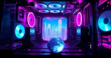 view from inside a computer where the viewer is very small and all the components look the size of sky scraper buildings. the computer is state of the art, a quantum processor and liquid cooling system with purple neon interior lighting. for scale the viewer is a golf ball and the computer is the earth