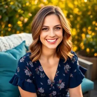 A woman in her early 30s with shoulder-length chestnut-brown hair with caramel highlights, soft loose waves, side-parted. She wears a navy blue floral-print short-sleeve blouse with a V-neckline and ruffle sleeve detail. She has a bright, open smile showing teeth, brown eyes, light natural makeup with a hint of blush. She is seated on an outdoor patio with a cream-white chunky knit throw pillow behind her, teal-green cushions, and warm bokeh greenery in the background. Soft natural golden-hour lighting from the right. Medium close-up, shot at 50mm f/2.0, warm inviting tones, lifestyle photography aesthetic.