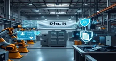 A modern industrial factory being digitally transformed: robotic arms working alongside humans, holographic interface panels showing machine learning data, digital documents flowing between machines as glowing data streams, cybersecurity shields protecting a smart control center. The scene includes elements of automation, AI, and digital connectivity. A banner in the background reads "Dig.It – Digital Transformation Grant". The environment is sleek, clean, and high-tech, blending classic industrial machinery with futuristic digital overlays.