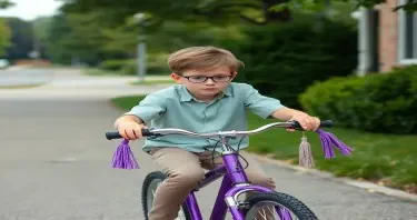 12 year old nerdy, but cowardly, white boy riding a purple huffy bicycle with tassels on the handles