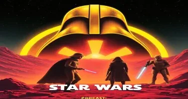 image for podcast episode art evoking Star Wars and, to a lesser degree, other 1970s science fiction movies like The Omega Man, Alien, Westworld, Logan's Run, A Boy and His Dog, Sleeper, etc. (don't use any words or type...as in don't say Star Wars or anything else)