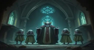 A mutant Choir Master and four mutated choir children in a ruined chapel in the city of Mordheim